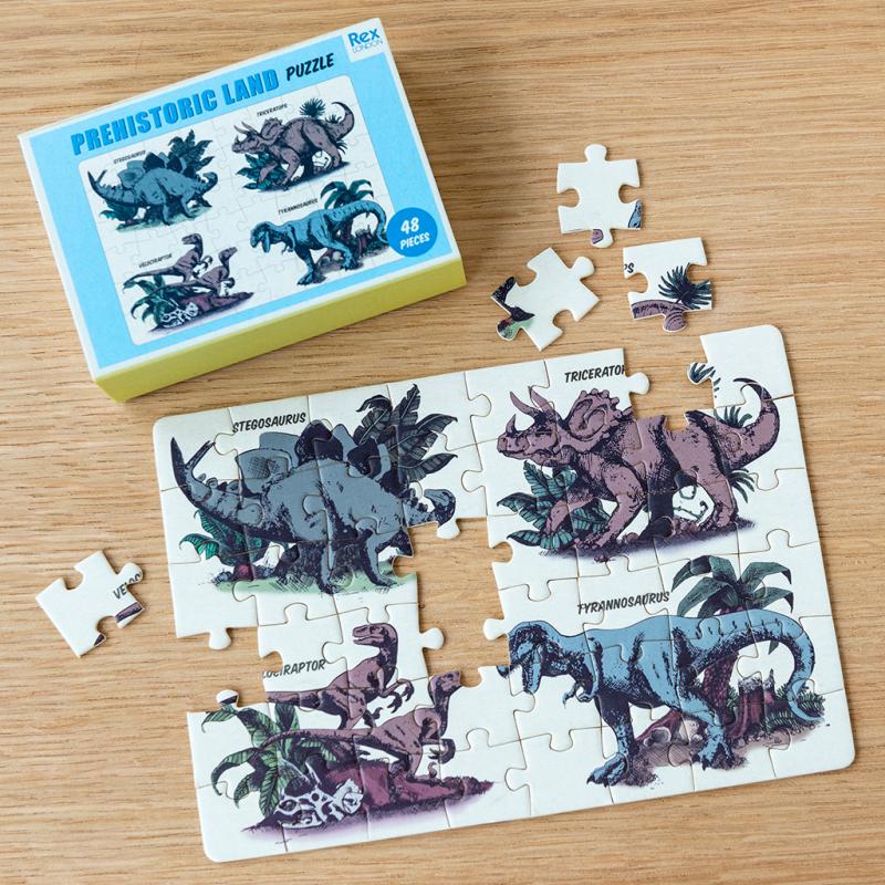 Dinosaur matchbox puzzle with 48 pieces for children, mini kids dinosaur jigsaw puzzle partially completed