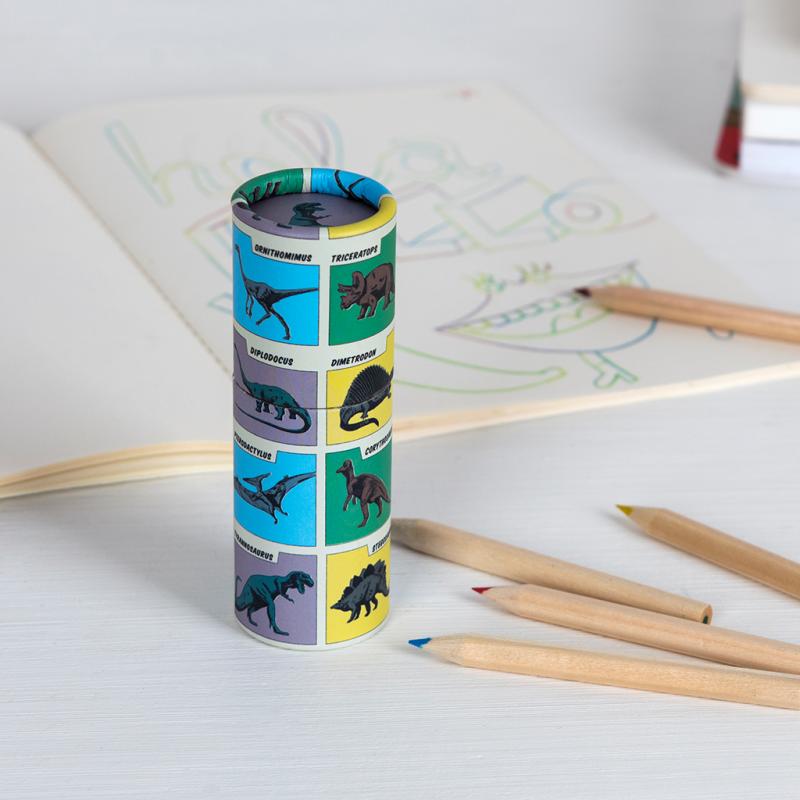 Dinosaur colouring pencils pot set of 12 in themed storage tube, children’s dinosaur stationery and colouring set
