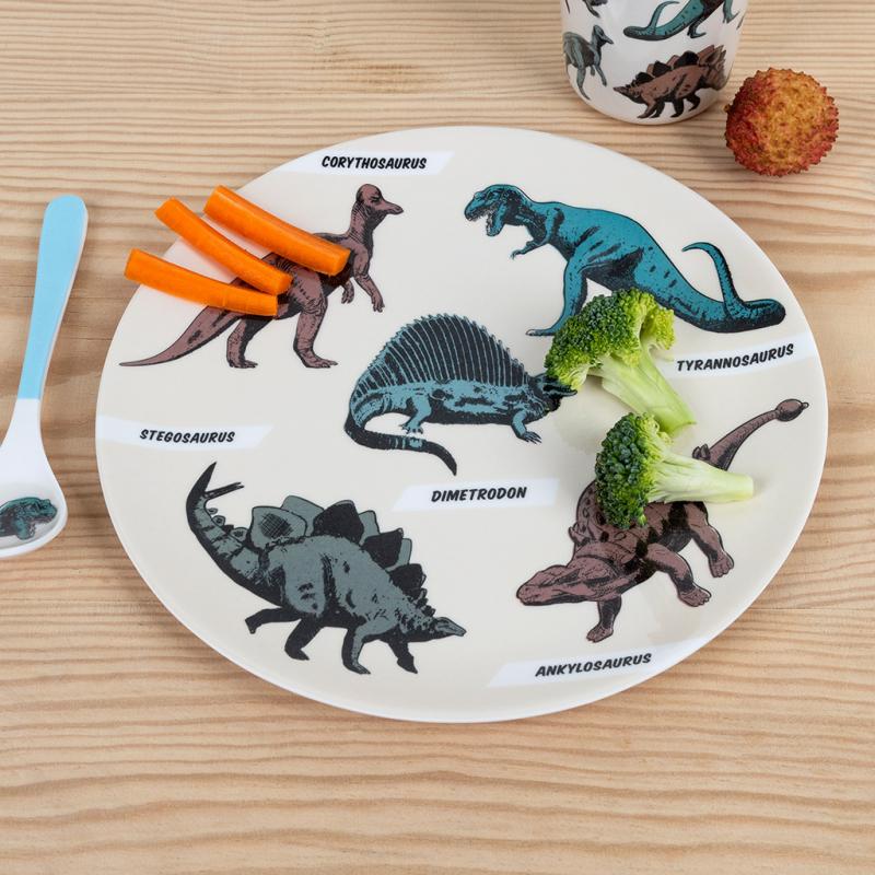 Children’s dinosaur dining set with plate, cup and spoon, colourful prehistoric melamine tableware for toddlers and kids