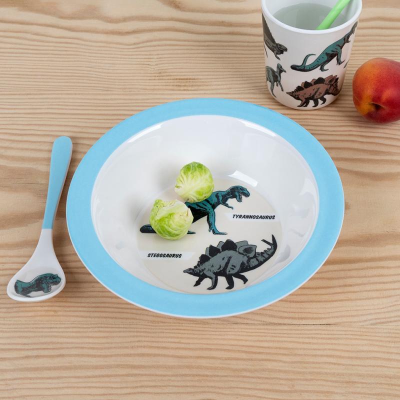 Children’s dinosaur breakfast set with bowl, spoon and cup, colourful prehistoric design kids mealtime gift set