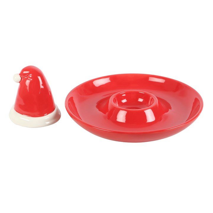 christmas santa hat serving dish with the central dip lid removed to show the dip bowl