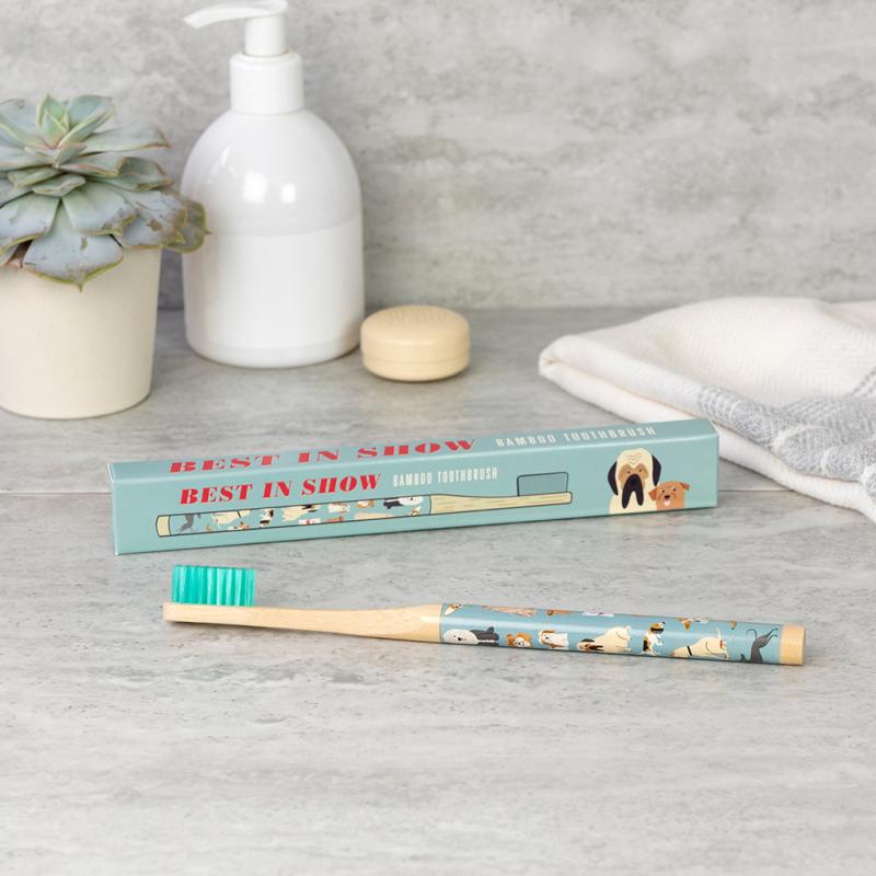 eco-friendly bamboo toothbrush with dog design, biodegradable handle and soft bristles for adults