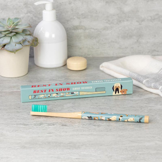 eco-friendly bamboo toothbrush with dog design, biodegradable handle and soft bristles for adults