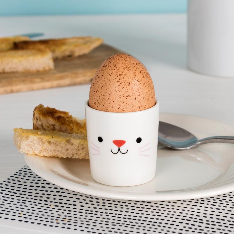 Cat design bone china egg cup with illustrated cat detail, cute breakfast egg holder gift for cat lovers