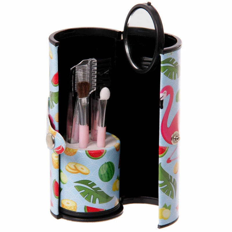 flamingo make up utensil kit opened in holder, organised brushes tweezers and mirror, ideal for on the go use
