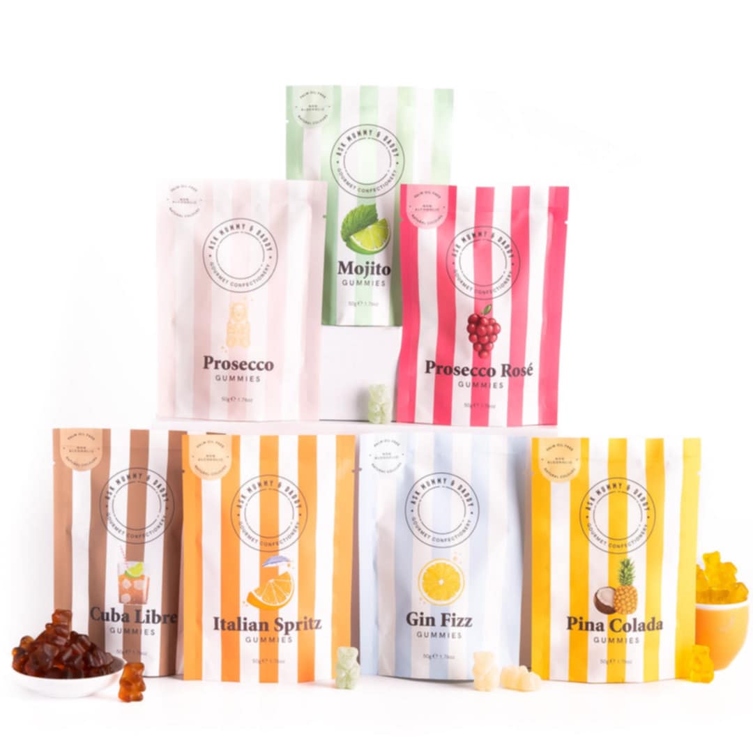 gourmet gummies cocktail gift box contents displayed with seven flavoured gummy varieties