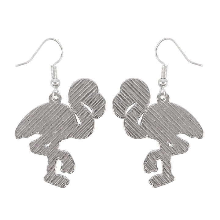 back view of flamin-goth enamel skeletal flamingo dangle earrings