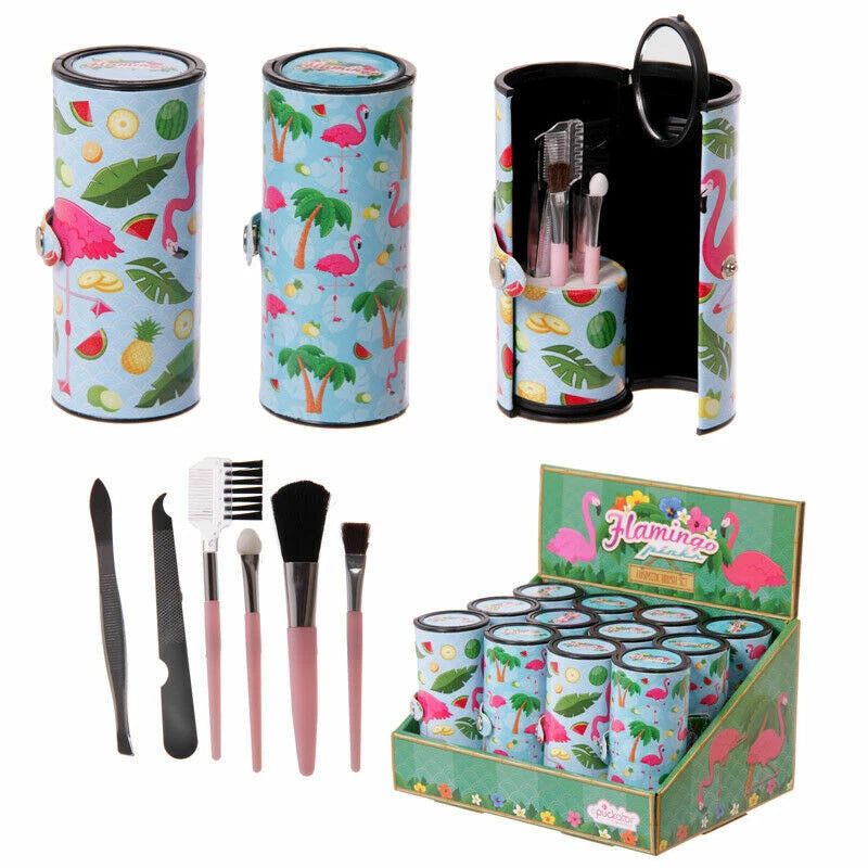 flamingo make up utensil kit closed and open view with tools, compact roll up design, perfect for travel or everyday use