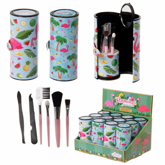 flamingo make up utensil kit closed and open view with tools, compact roll up design, perfect for travel or everyday use