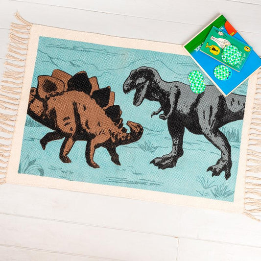 Dinosaur floor rug with two prehistoric dinosaur illustrations on a cotton children’s bedroom rug
