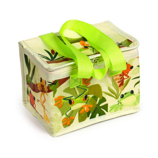 tropical frogs rpet insulated cool lunch bag with colourful frog design front view