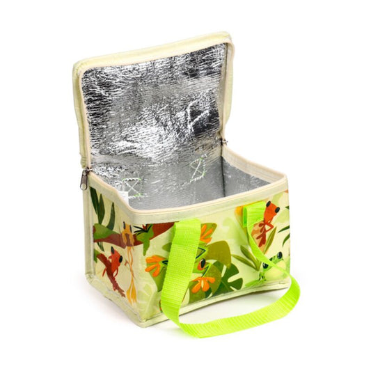 open tropical frogs rpet insulated lunch bag showing foil lined interior and zip closure