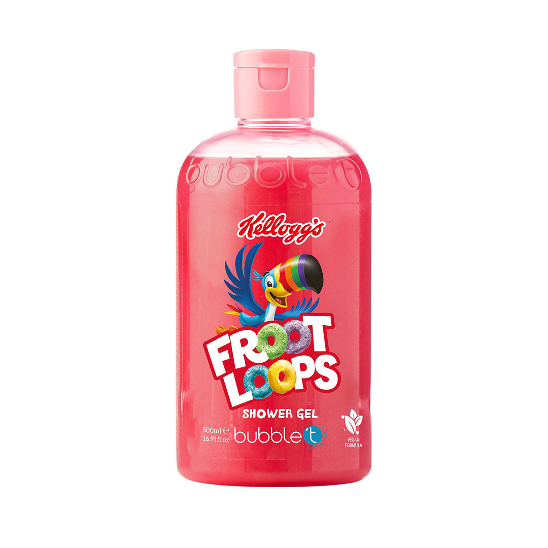 bubble t kellogg’s froot loops shower gel front view, highlighting the playful packaging design