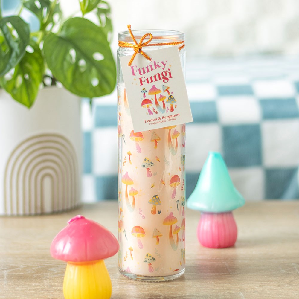 colourful funky fungi mushroom tube candle in glass jar with lemon and bergamot fragrance