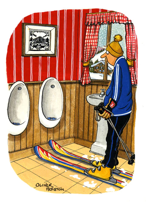 caught short blank card, humorous skier illustration, blank inside for personal message, ideal for winter sports fans or cheeky occasions