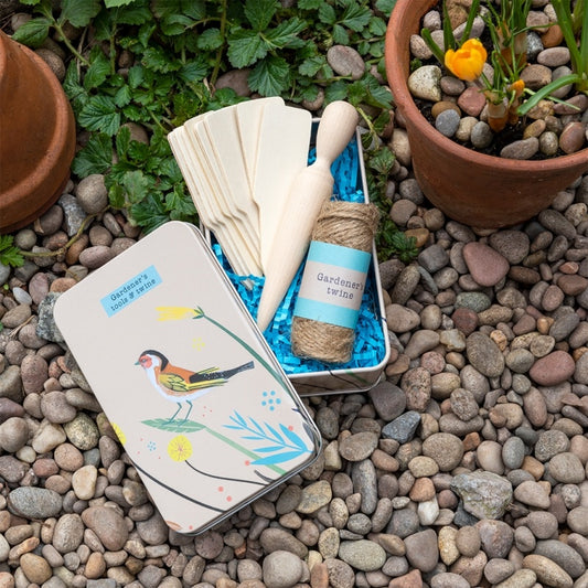 your garden gift tin with gardening tools twine and seedling labels for plant lovers