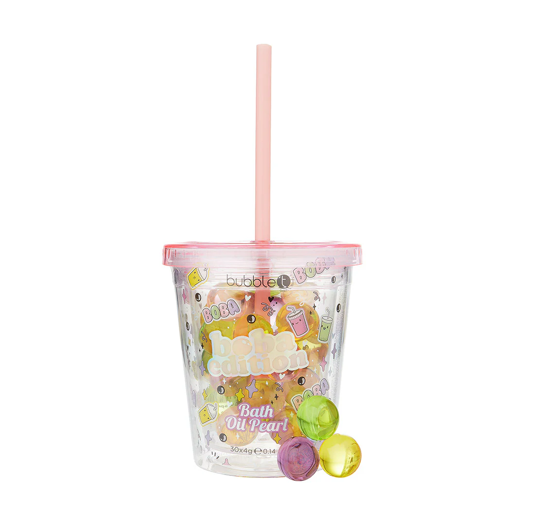 bubble t boba tea bath pearl gift set with 30 fruity-scented bath pearls in a colourful packaging