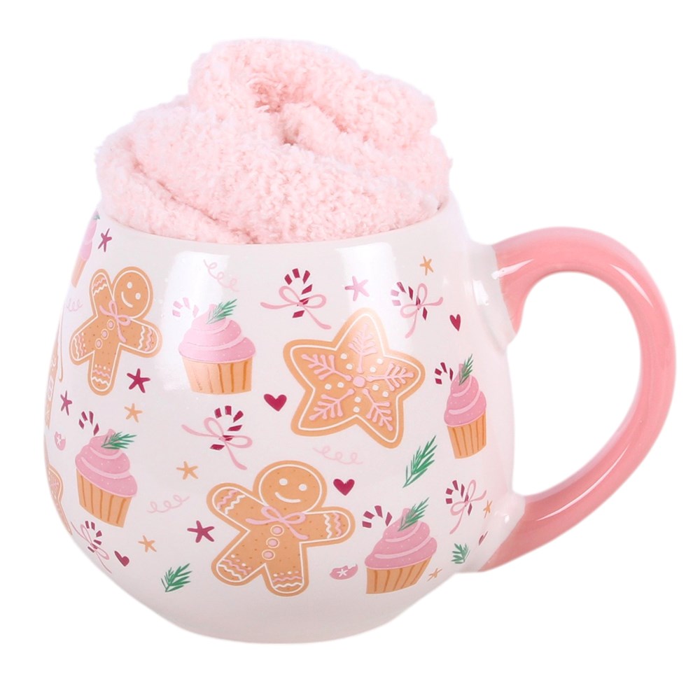 christmas gingerbread print mug with fluffy socks tucked inside