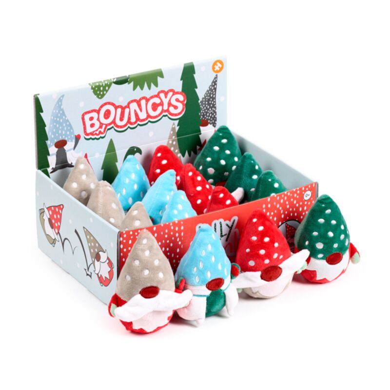 christmas jolly gonk plush bouncy balls in four colours displayed beside retail box