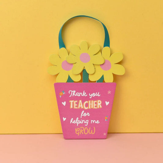 thank you teacher for helping me grow wooden hanging sign with colourful flower design and ribbon