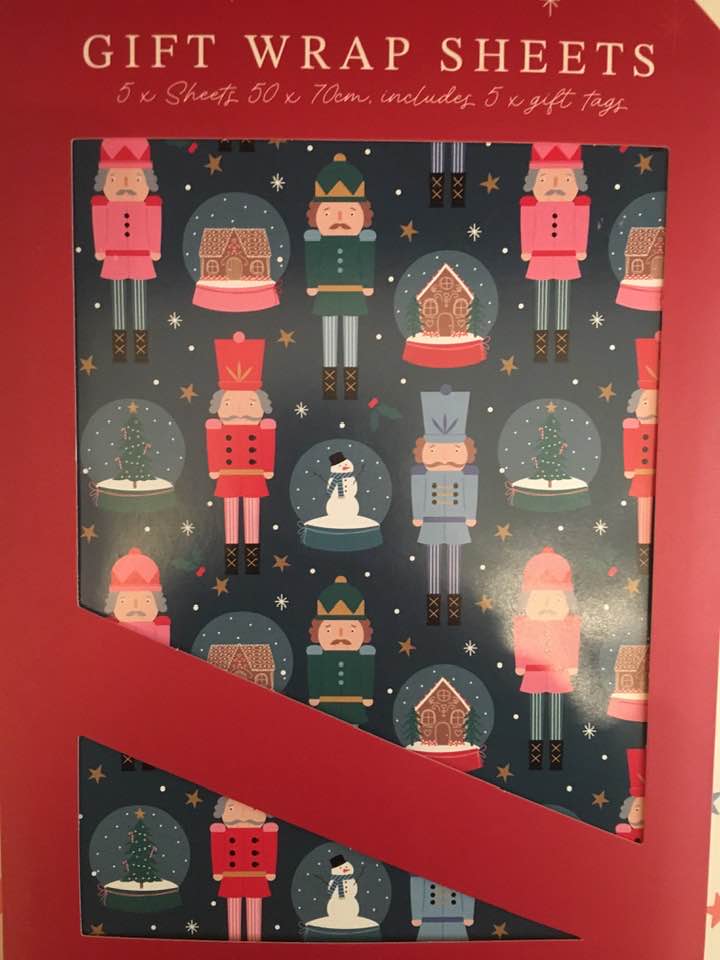 christmas gift wrap sheet, nutcracker design, coordinated with matching gift tags, ideal for wrapping presents with a classic festive theme
