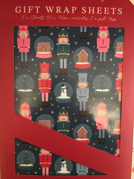 christmas gift wrap sheet, nutcracker design, coordinated with matching gift tags, ideal for wrapping presents with a classic festive theme