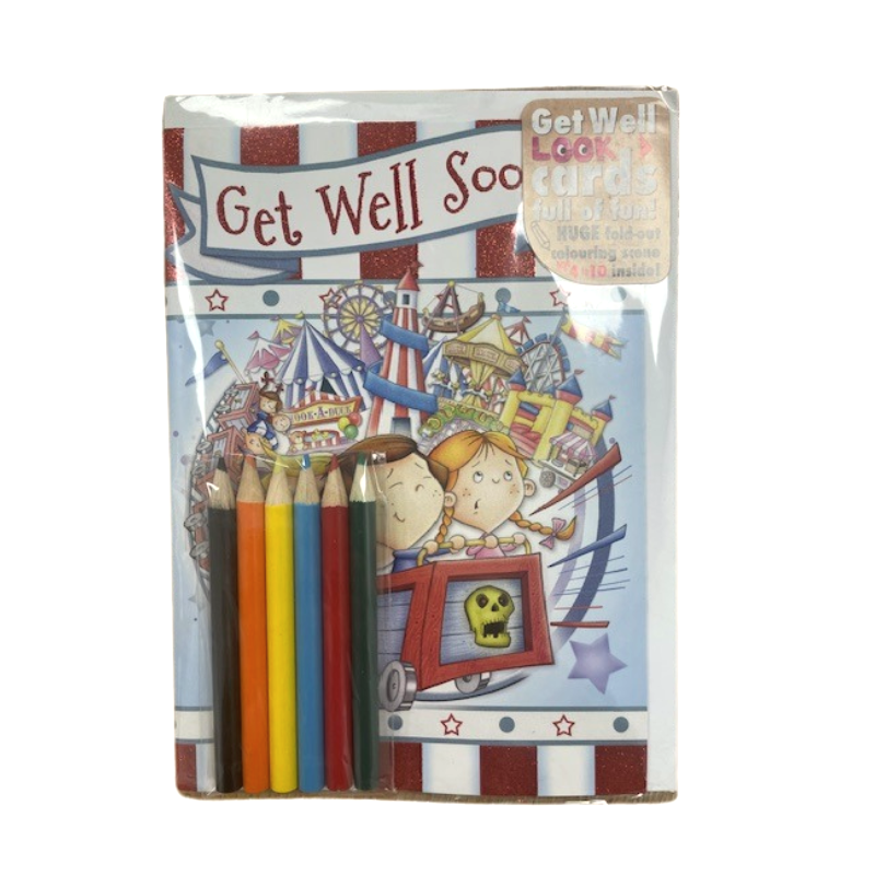 get well soon funfair themed colouring greetings card a5 for children