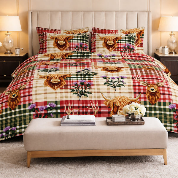 highland cow check soft touch microfibre duvet set with cosy country design
