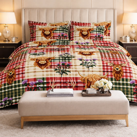 highland cow check soft touch microfibre duvet set with cosy country design