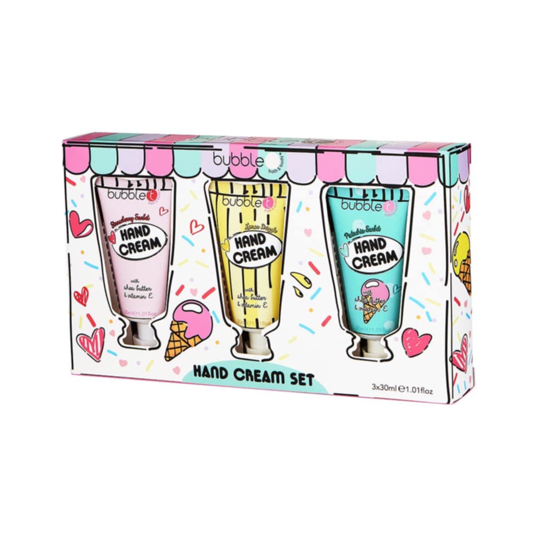 bubble t handcream trio boxed gift set shown as a complete hand care collection for gifting