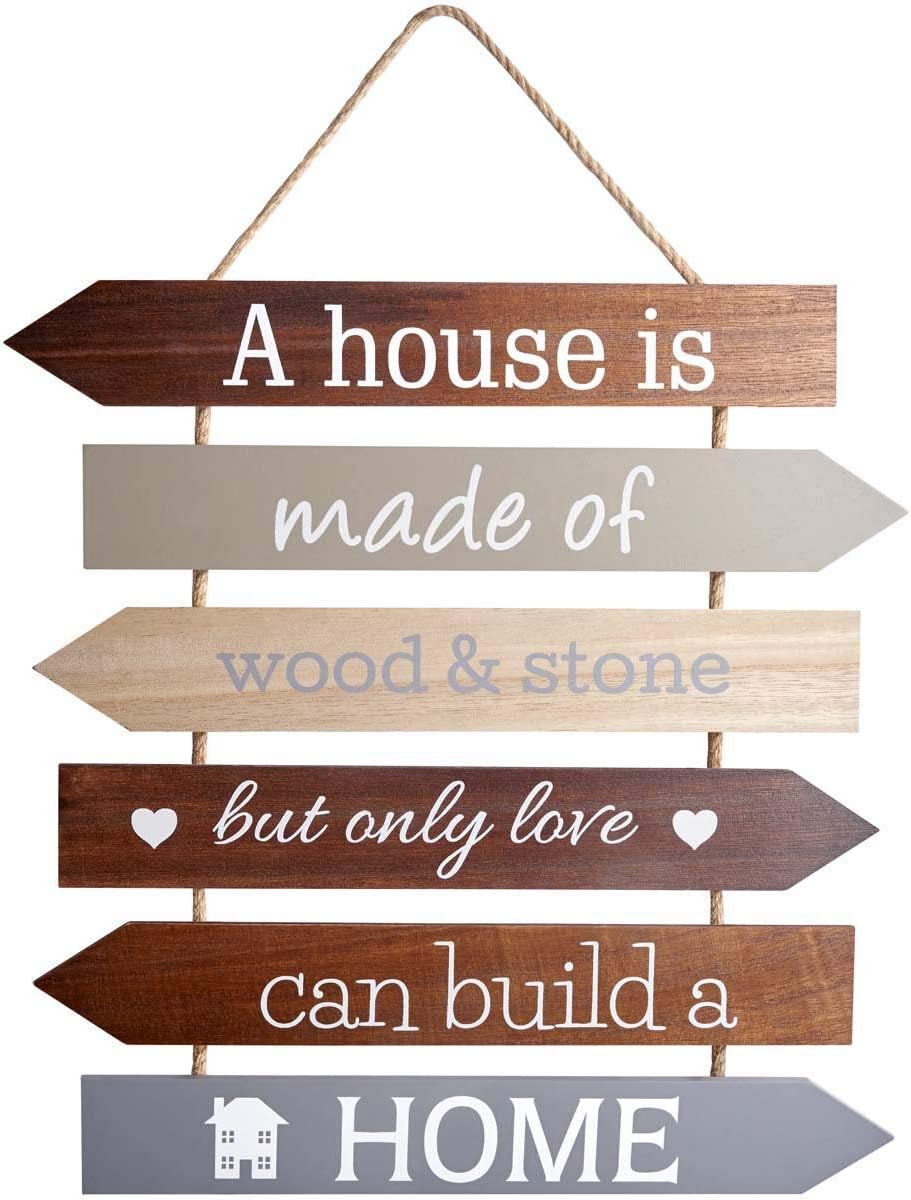 large shabby chic wooden hanging sign with jute string featuring the quote only love can build a home in neutral tones
