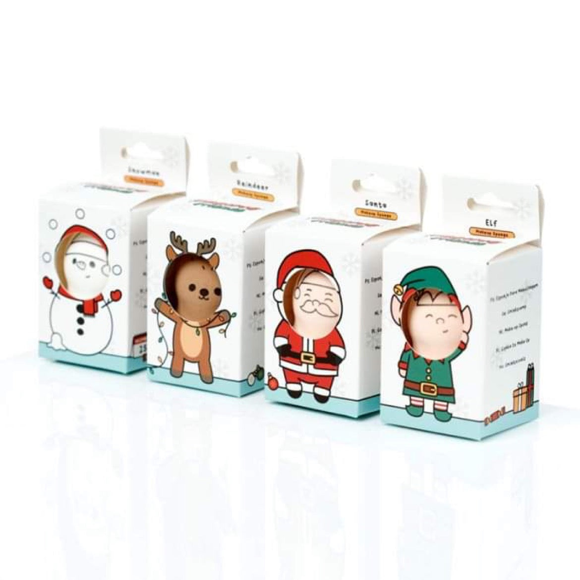christmas festive friends makeup sponges, four designs (snowman, reindeer, santa, elf), high-quality sponges for seamless makeup application with festive charm