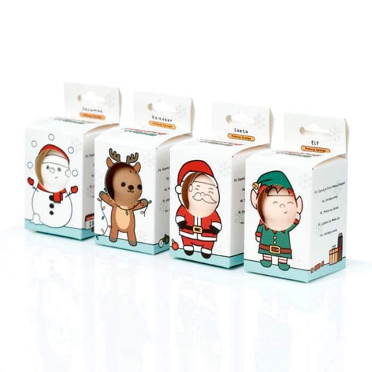 christmas festive friends makeup sponges, four designs (snowman, reindeer, santa, elf), high-quality sponges for seamless makeup application with festive charm