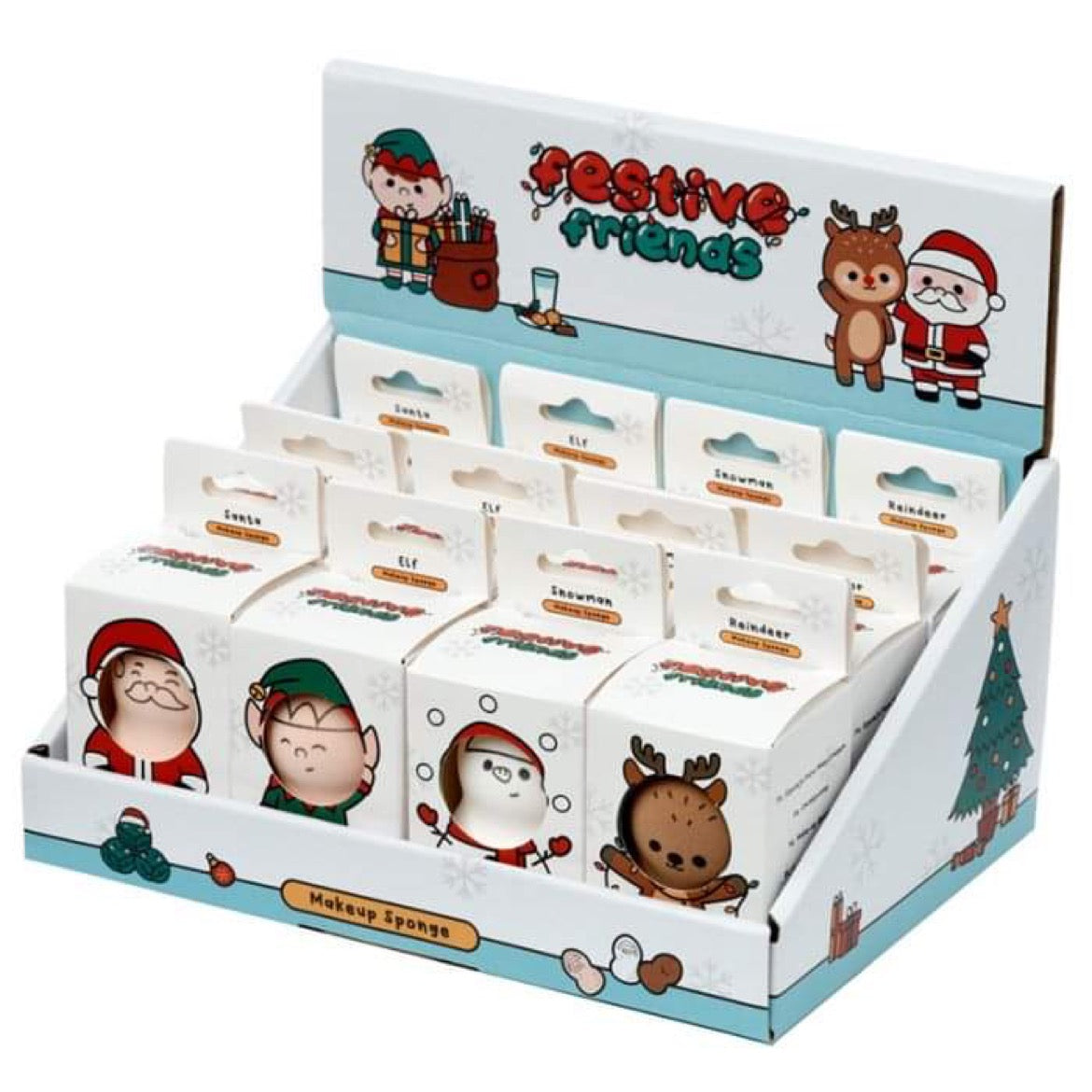 christmas festive friends makeup sponge retail box, contains all four festive designs (snowman, reindeer, santa, elf), perfect for gifting or stocking fillers