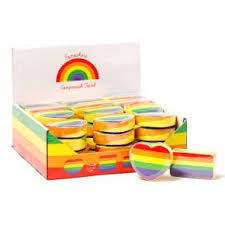 retail pack of rainbow stripes compressed towels in heart, rectangle, and mixed variants, compact for easy storage