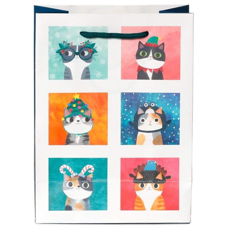 christmas cat gift bag medium, charming artwork with planet cat, a whimsical touch for seasonal gift-giving and wrapping