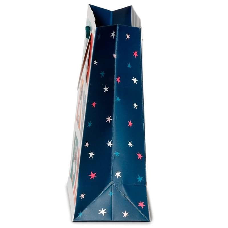 christmas cat gift bag medium, sturdy card construction with side view showing matching cord handles and gift tag attached