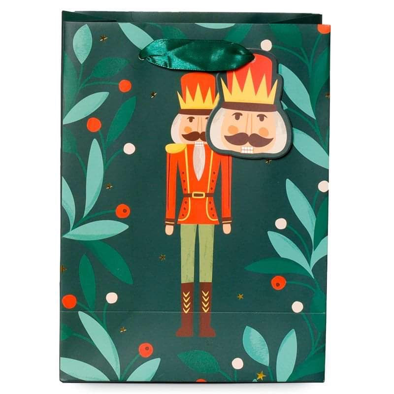 christmas nutcracker gift bag medium with cord handles and attached gift tag
