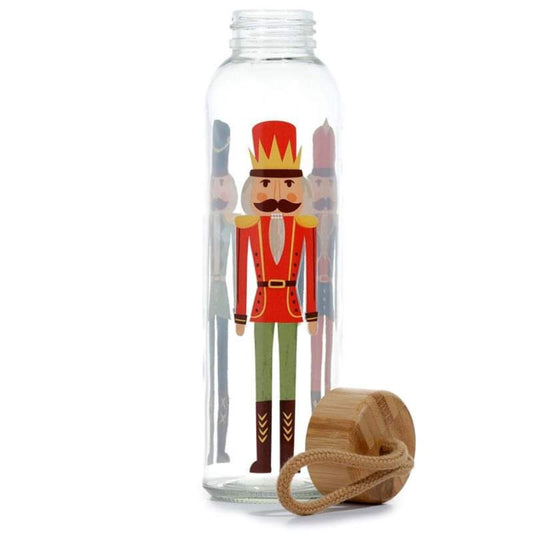 christmas nutcracker glass water bottle with bamboo lid and carrying handle