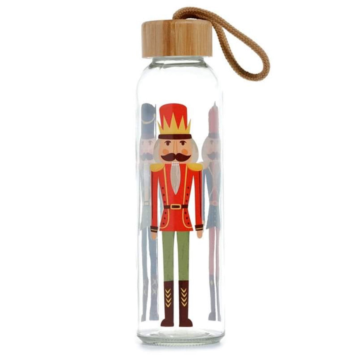 christmas nutcracker glass water bottle close up of bamboo lid and strap detail