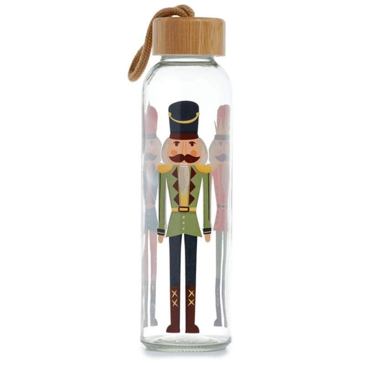 christmas nutcracker glass water bottle side view highlighting decorative print