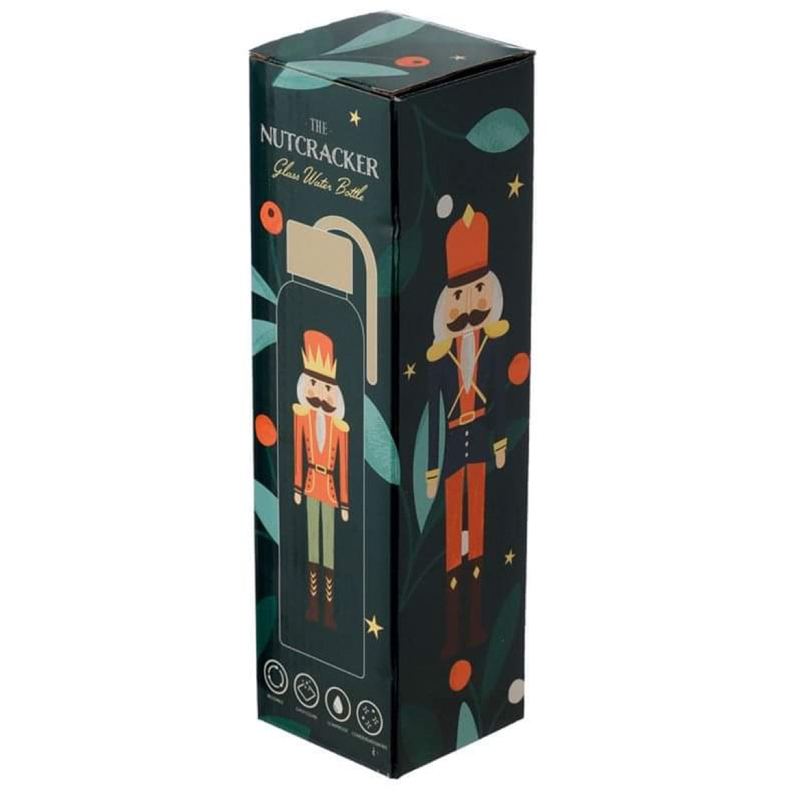 christmas nutcracker glass water bottle presented in retail gift box