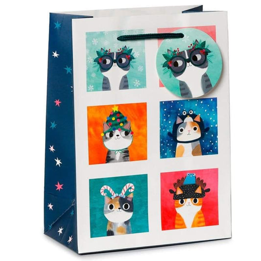christmas cat gift bag medium, planet cat design by angie rozelaar, sturdy card with coordinating cord handles, ideal for cat lovers