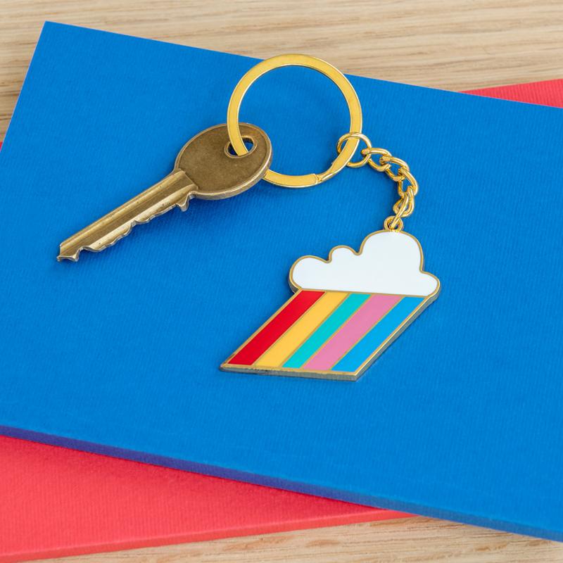 rainbow and cloud metal key ring with secure chain and retro design