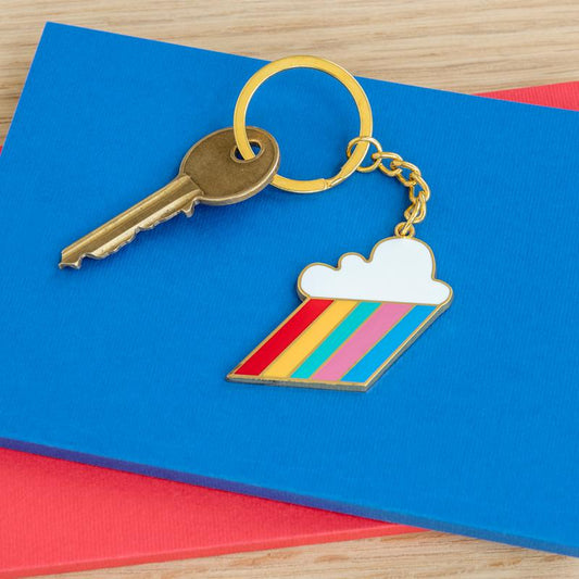 rainbow and cloud metal key ring with secure chain and retro design