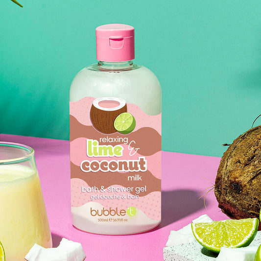 bubble t lime & coconut smoothie body wash in a 500ml bottle, offering a refreshing, fruity fragrance for bath and shower use