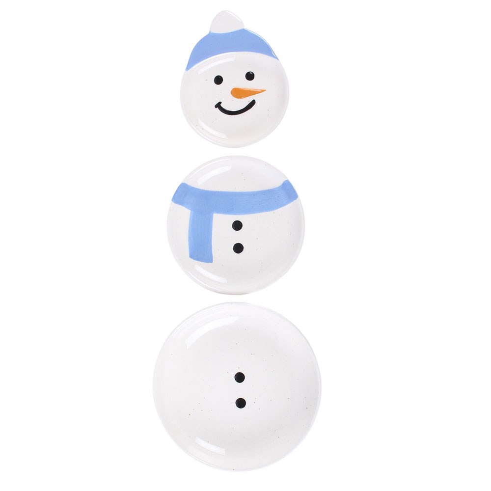 three ceramic christmas snowman bowls arranged flat to create a snowman design