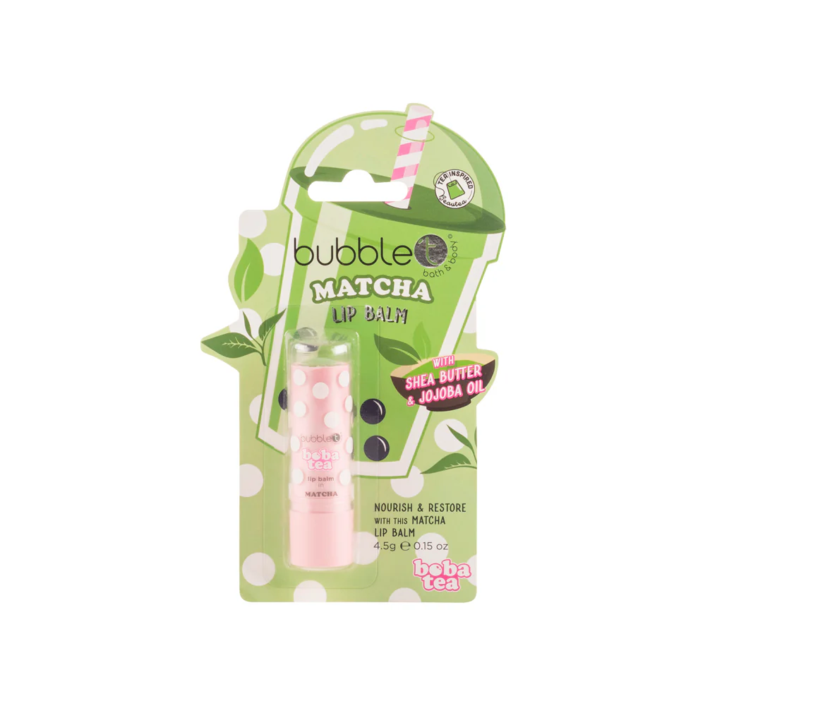 bubble t boba tea matcha lip balm 4.5g shown in packaging for everyday nourishing lip care