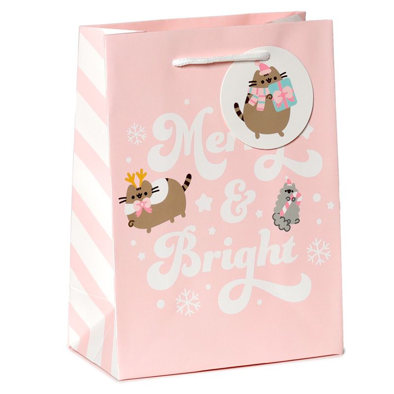christmas pusheen medium gift bag with cord handles and attached festive gift tag