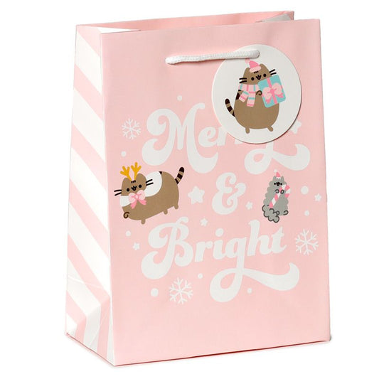 christmas pusheen medium gift bag with cord handles and attached festive gift tag